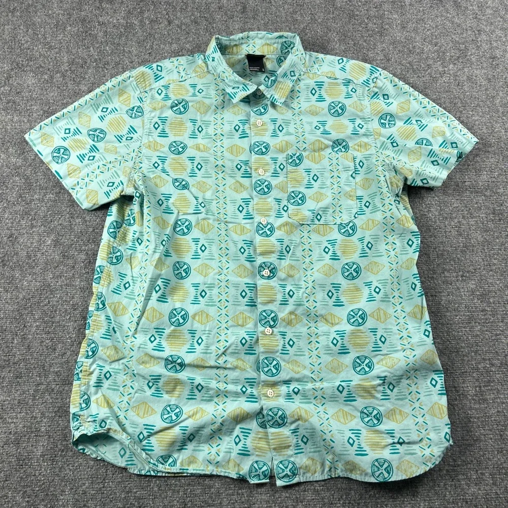The North Face‎ Button Up Shirt Mens XL Teal Geometric Tribal Print Short Sleeve